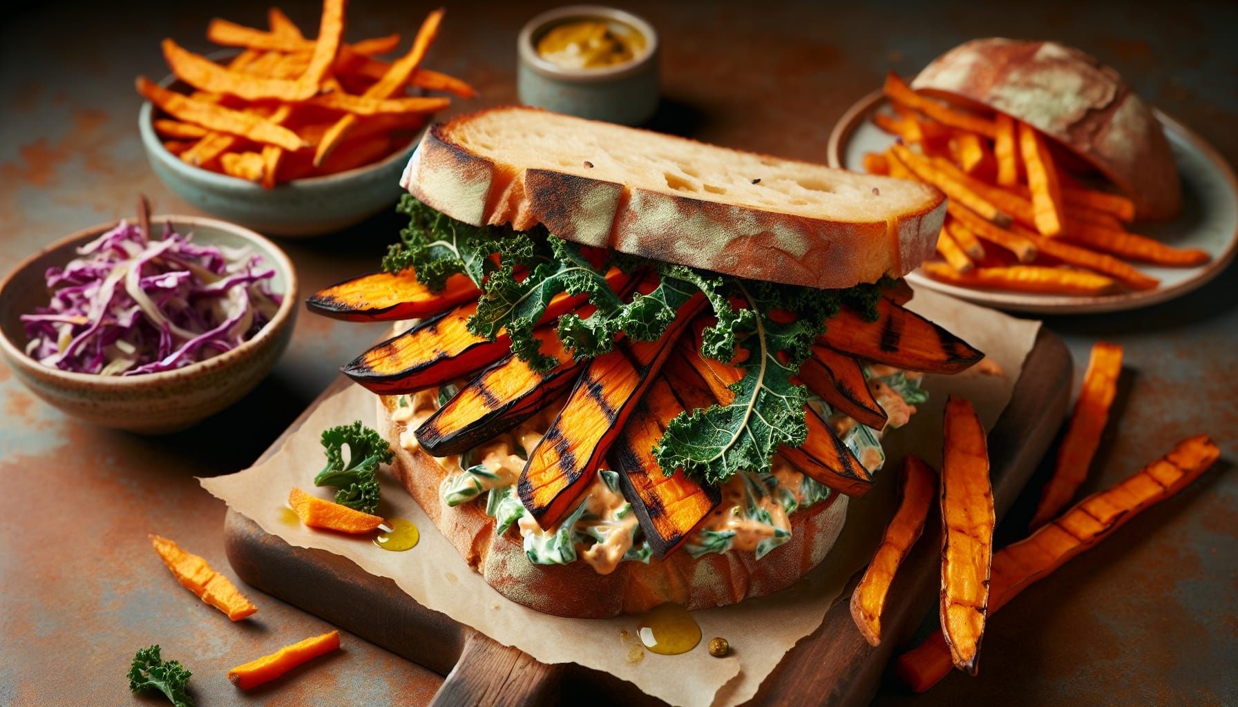 Charred Sweet Potato Sandwich with Maple Mustard Slaw and Crispy Kale Chips - A delicious recipe by DigiDish
