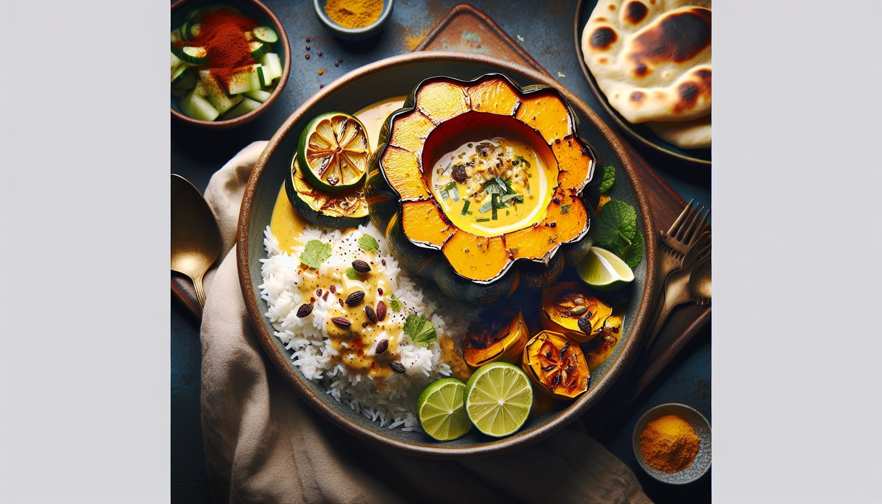 Golden Acorn Squash Curry with Coconut Tamarind Sauce and Lime Scented Rice - A delicious recipe by DigiDish