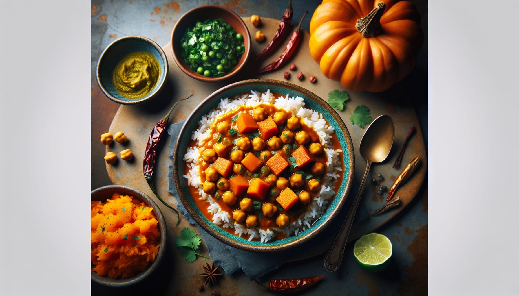 Spiced Pumpkin Chickpea Curry with Coconut Rice and Lime Relish - A delicious recipe by DigiDish