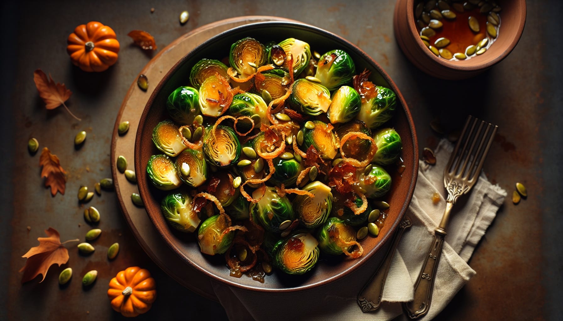 Maple Cider Glazed Brussels Sprouts with Crispy Shallots and Toasted Pumpkin Seeds - A delicious recipe by DigiDish