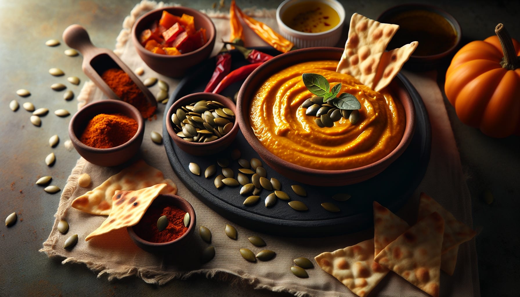 Golden Pumpkin Seed Romesco Dip with Smoky Paprika Pita Chips - A delicious recipe by DigiDish