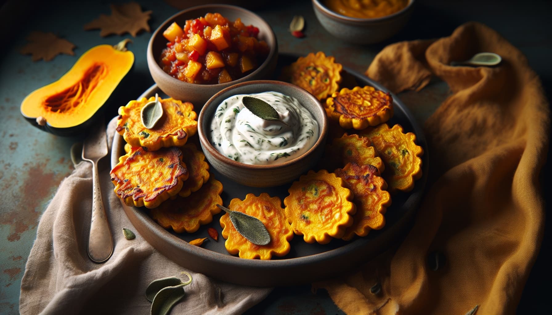 Crispy Acorn Squash Fritters with Spicy Apple Chutney and Sage Yogurt Dip