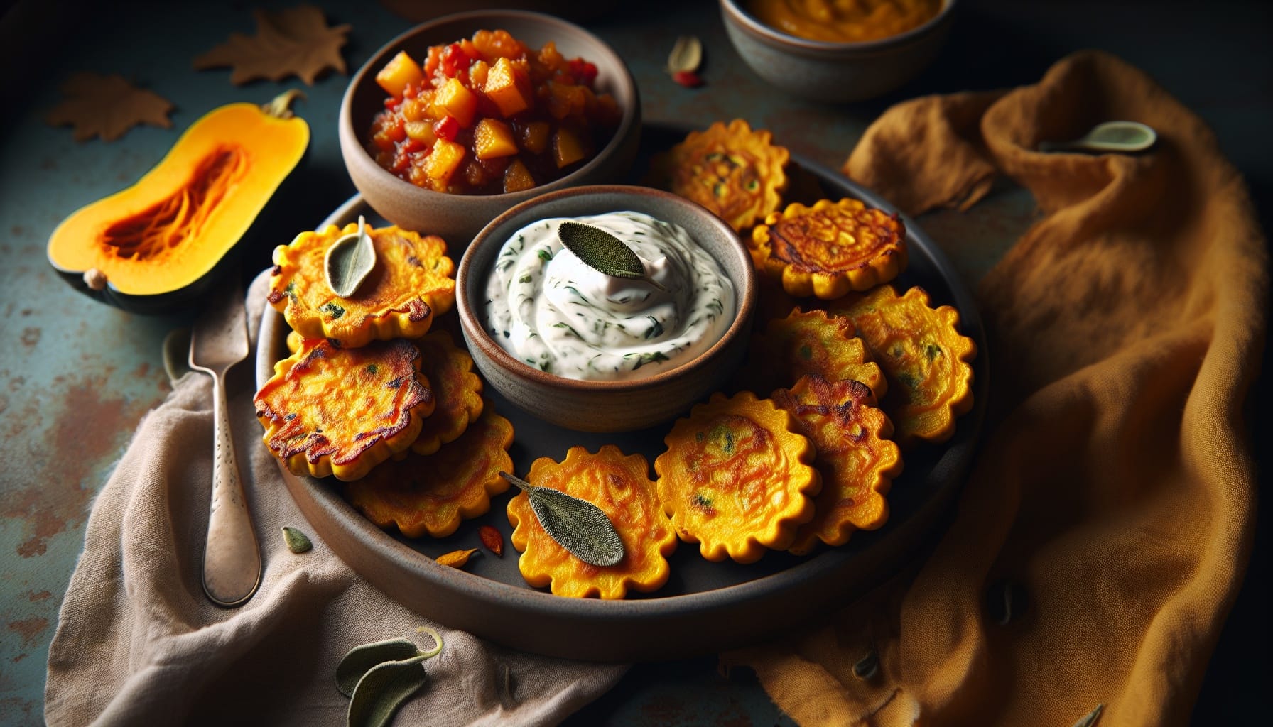 Crispy Acorn Squash Fritters with Spicy Apple Chutney and Sage Yogurt Dip - A delicious recipe by DigiDish