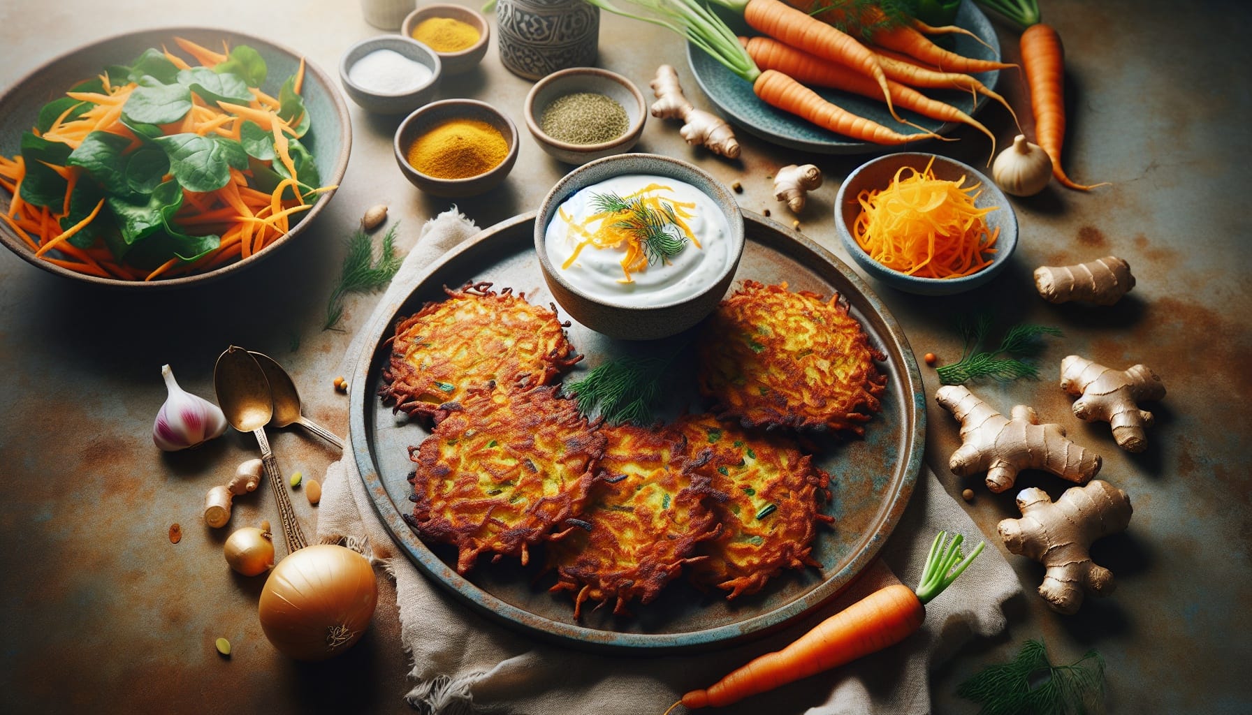Spiced Carrot and Ginger Latkes with Citrus Herb Yogurt Dip - A delicious recipe by DigiDish