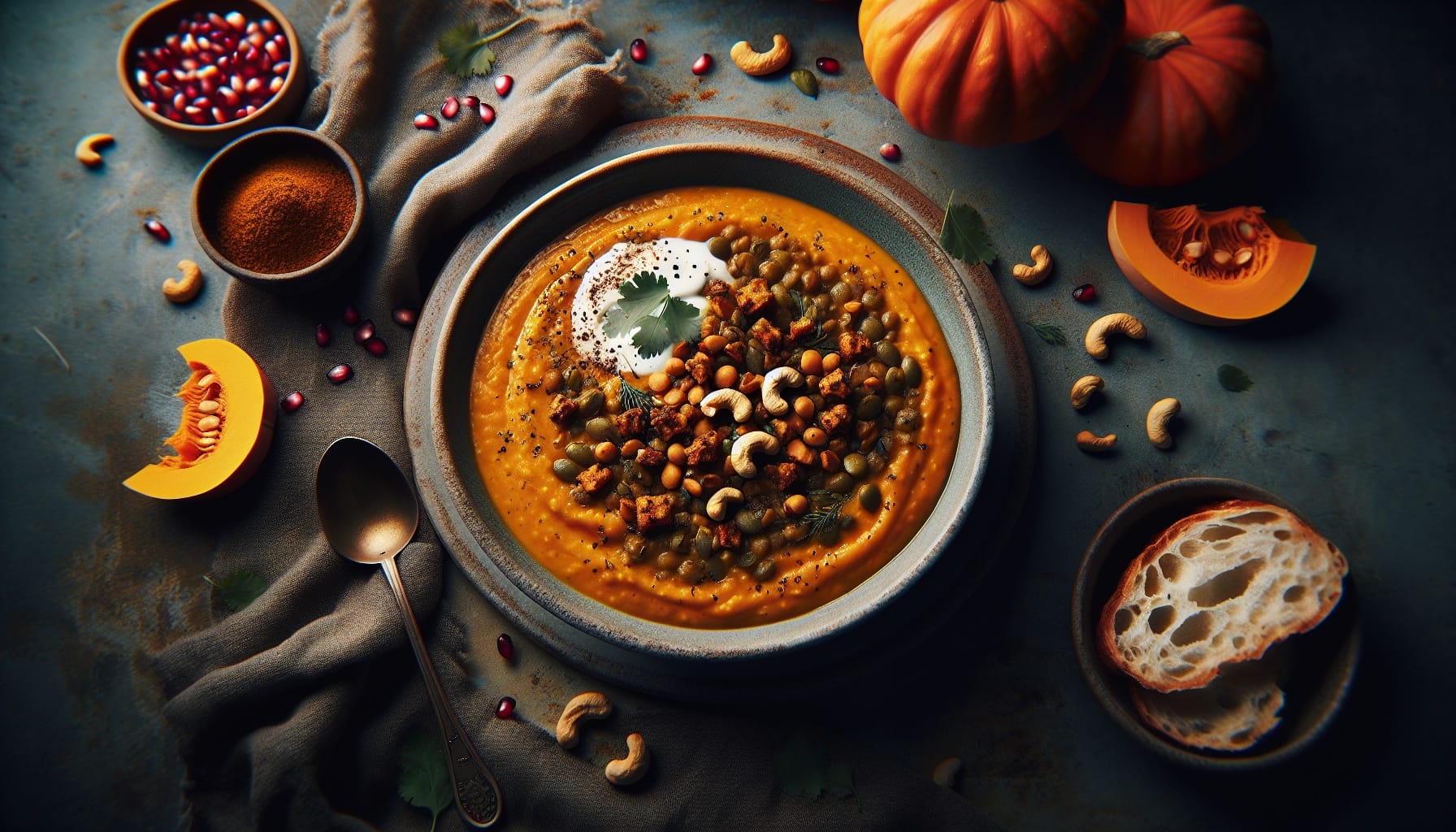 Warm Pumpkin Lentil Stew with Coriander Cashew Crunch - A delicious recipe by DigiDish
