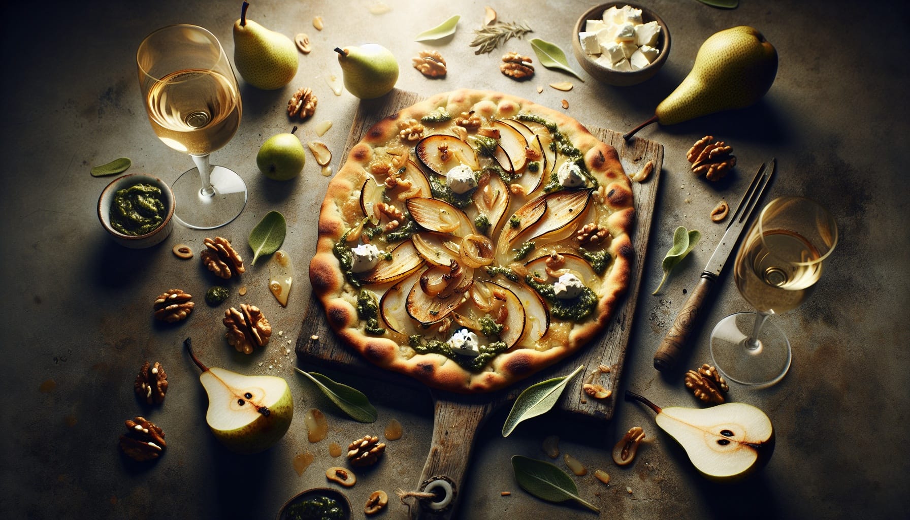 Caramelized Shallot and Pear Flatbread with Walnut Sage Pesto - A delicious recipe by DigiDish