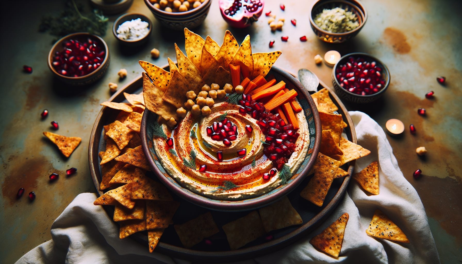 Spiced Roasted Carrot Hummus with Pomegranate Salsa and Zahtar Chips - A delicious recipe by DigiDish