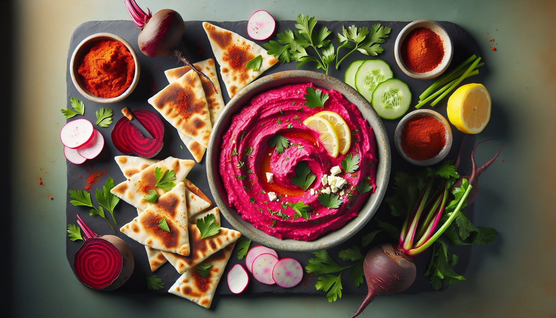 Harissa Roasted Beet Dip with Lemon Parsley Pita Chips - A delicious recipe by DigiDish