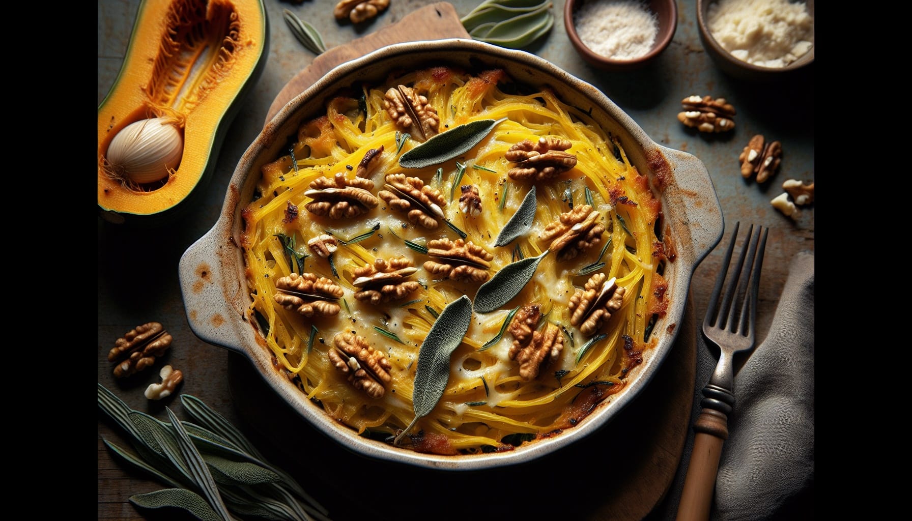 Caramelized Leek and Spaghetti Squash Gratin with Sage Walnut Crust - A delicious recipe by DigiDish