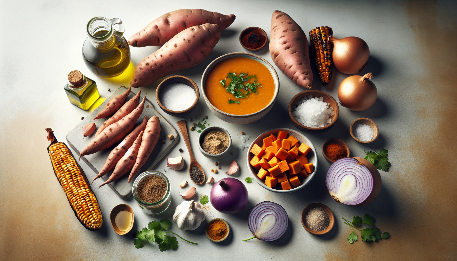 Smoky Sweet Potato Soup with Charred Corn and Cilantro Lime Drizzle Recipe