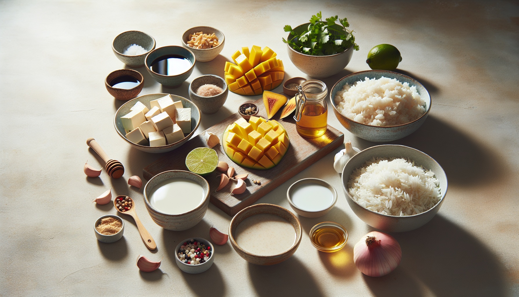 Honey Lime Glazed Tofu with Coconut Cilantro Rice and Mango Salsa Recipe