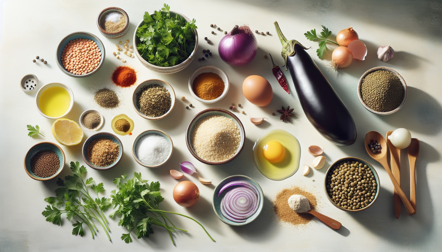 Zesty Lentil Patties with Roasted Eggplant Dip and Fresh Herb Salad Recipe