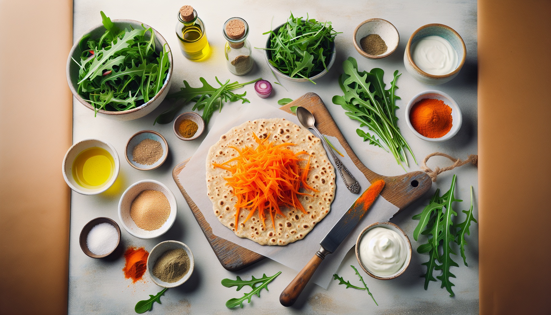Savory Millet Flatbreads with Spiced Carrot Spread and Arugula Salad Recipe
