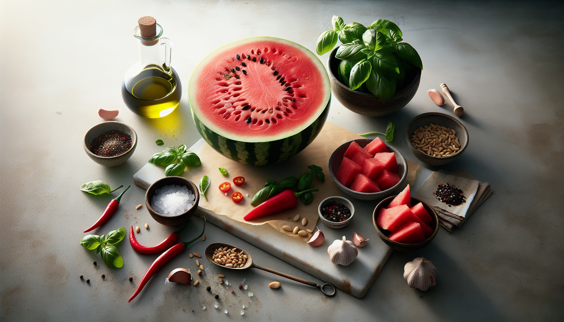 Savory Watermelon Steaks with Basil Chili Oil and Toasted Pine Nuts Recipe