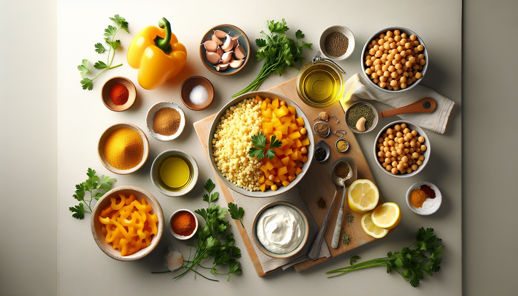 Golden Bell Pepper Couscous Bowls with Herb Yogurt and Crispy Chickpeas Recipe