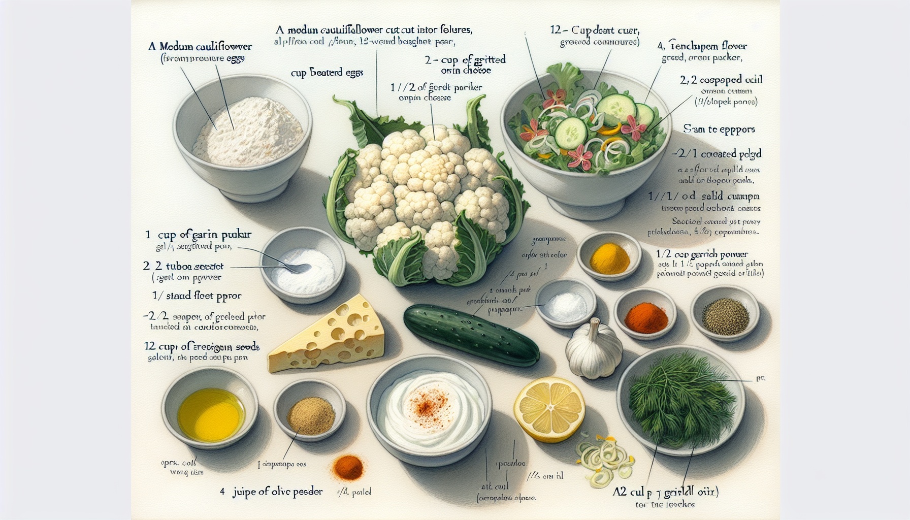 Crispy Cauliflower Fritters with Lemon Dill Yogurt and Spiced Sesame Salad Recipe