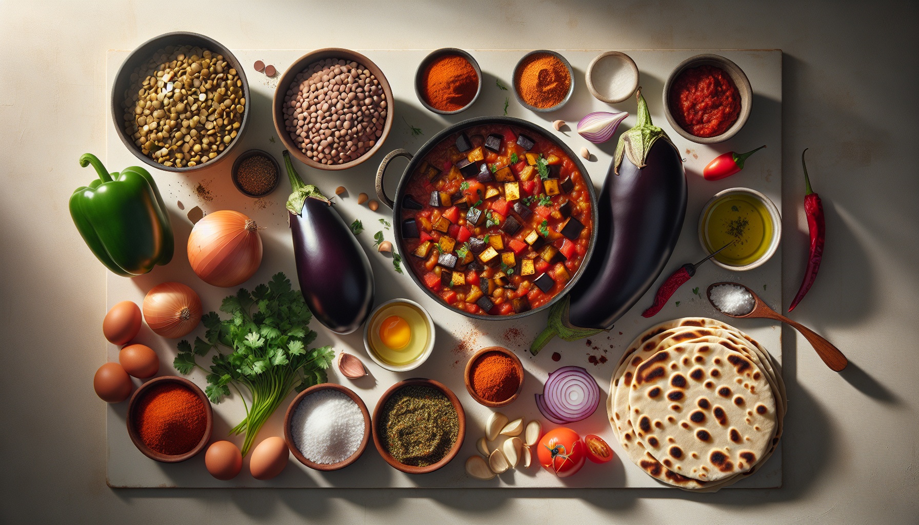 Smoky Eggplant and Lentil Shakshuka with Toasted Zaatar Flatbreads Recipe