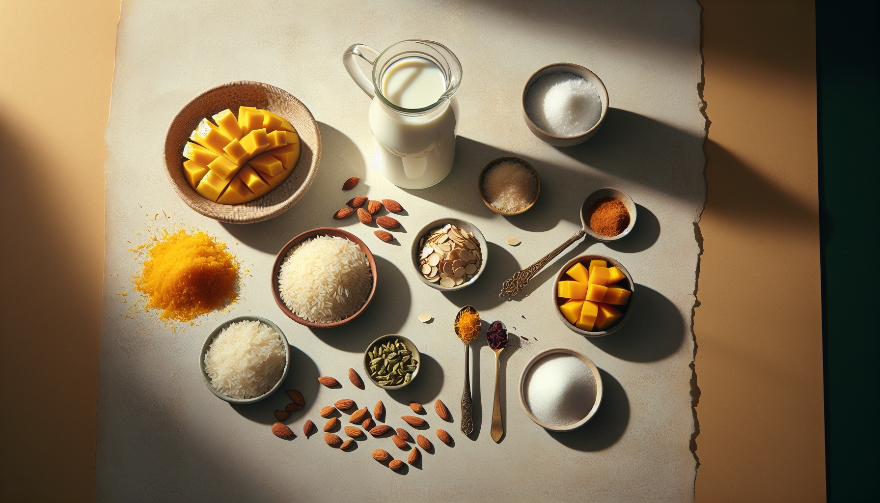 Golden Saffron and Cardamom Rice Pudding with Toasted Almonds and Fresh Mango Recipe
