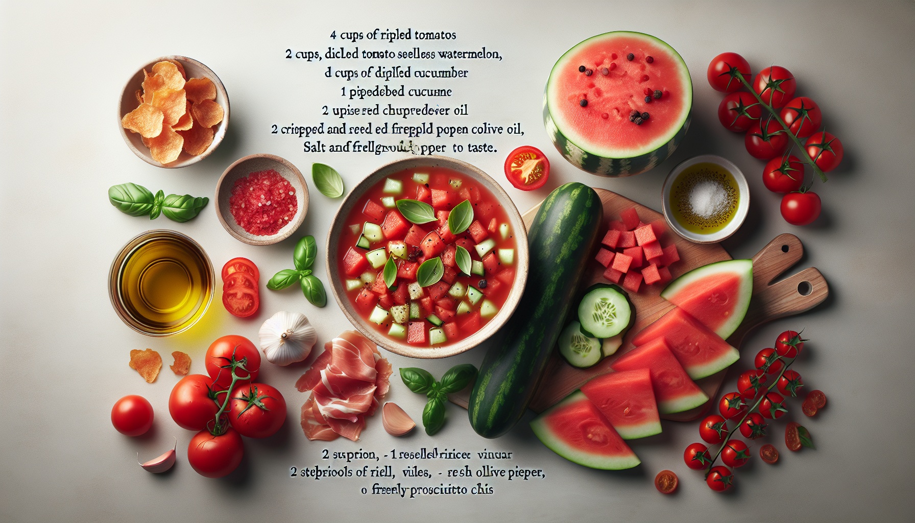 Chilled Tomato Melon Gazpacho with Basil Oil and Crisped Prosciutto Chips Recipe