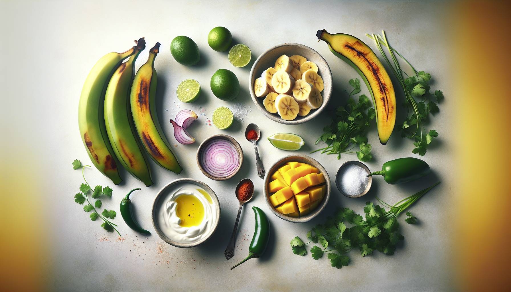 Crispy Plantain Tostones with Spicy Mango Salsa and Cilantro Yogurt Recipe