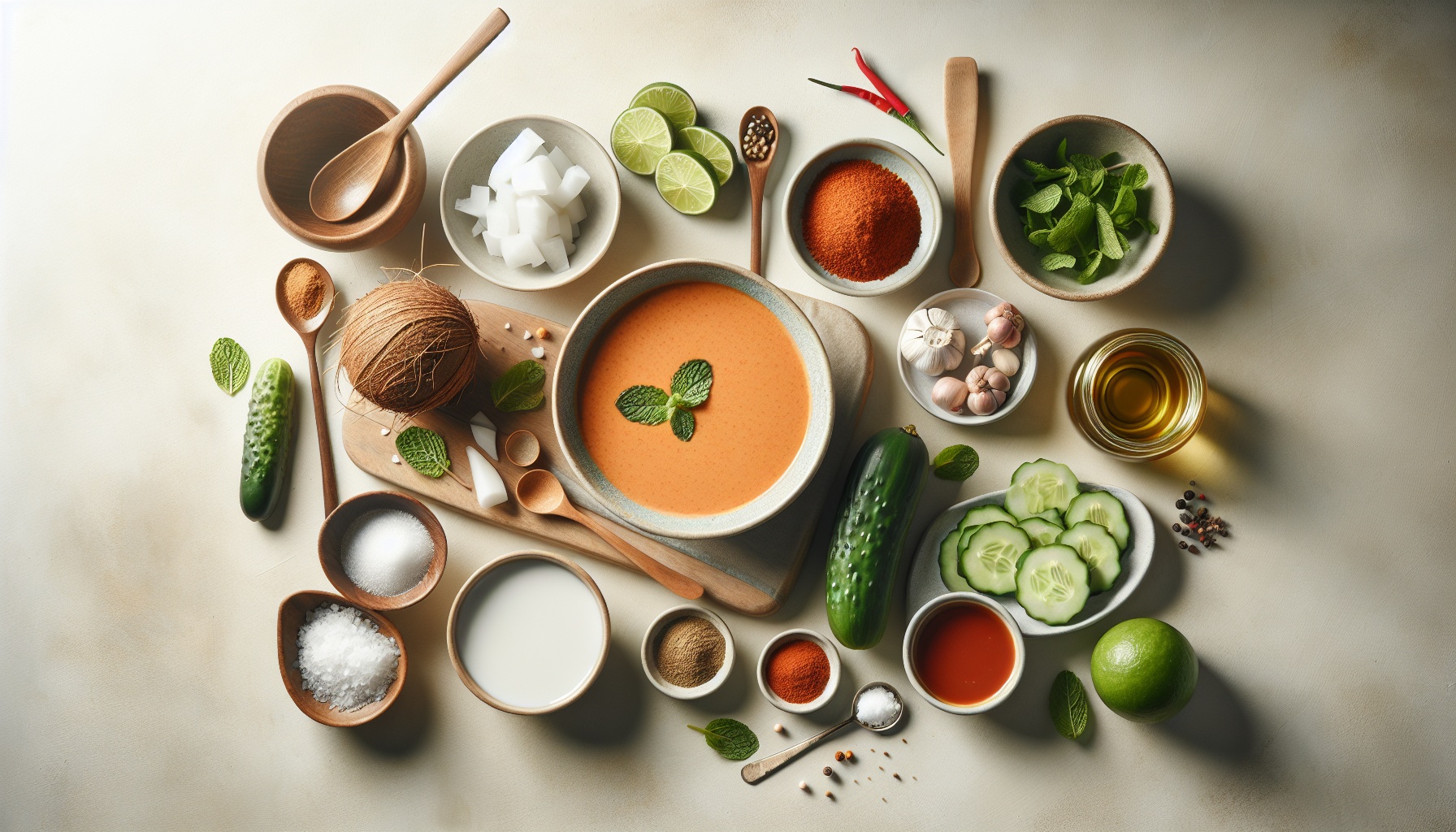 Chilled Tamarind Coconut Soup with Spiced Cucumber and Fresh Mint Recipe