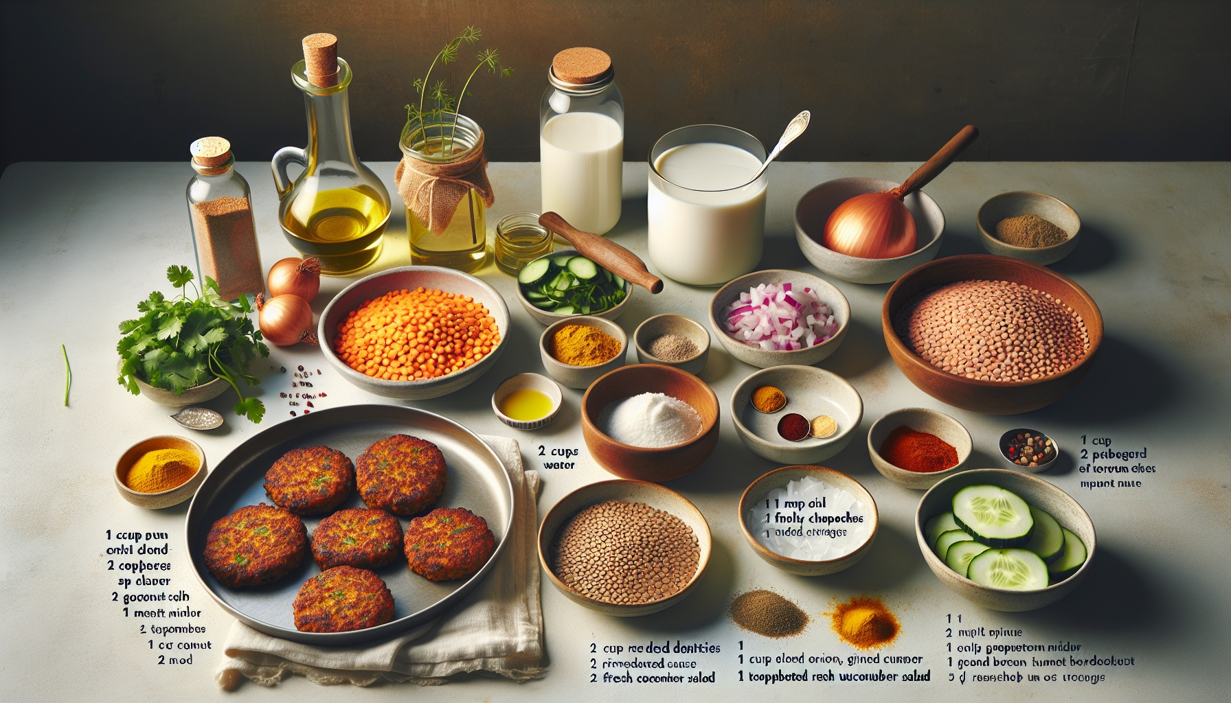Golden Lentil Patties with Turmeric Coconut Sauce and Fresh Cucumber Salad Recipe