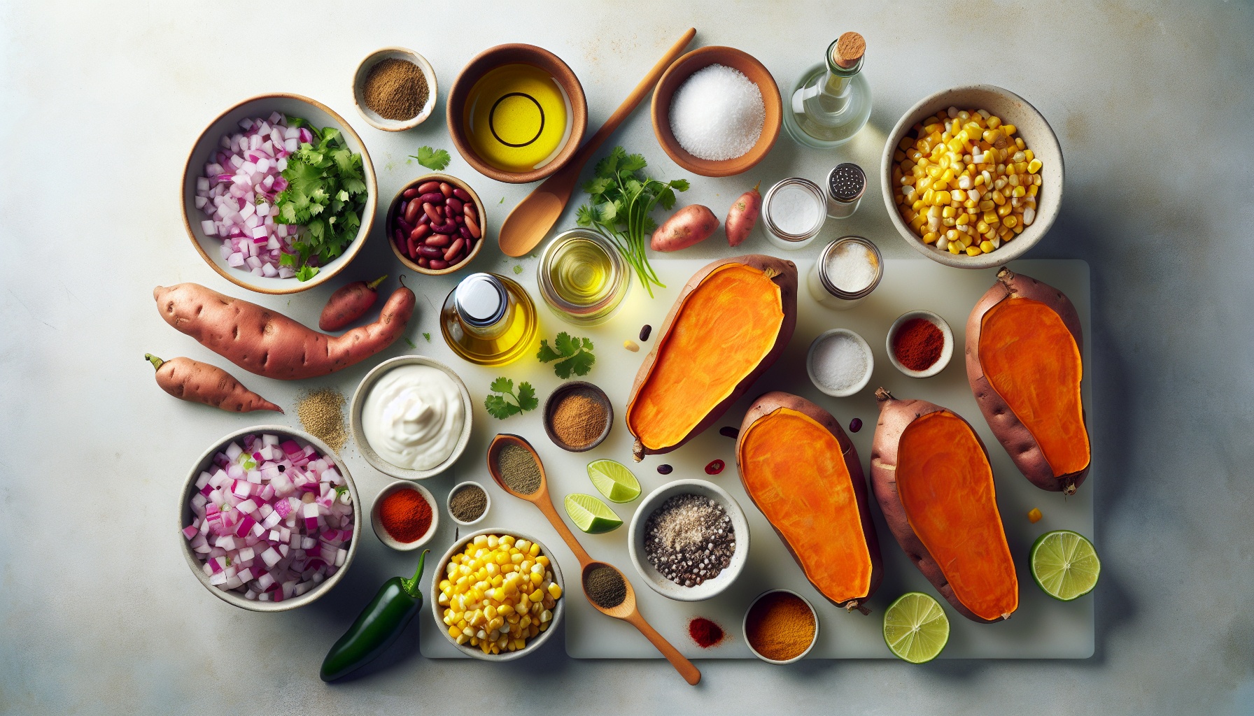 Baked Sweet Potato Boats with Black Bean Corn Salsa and Lime Crema Recipe