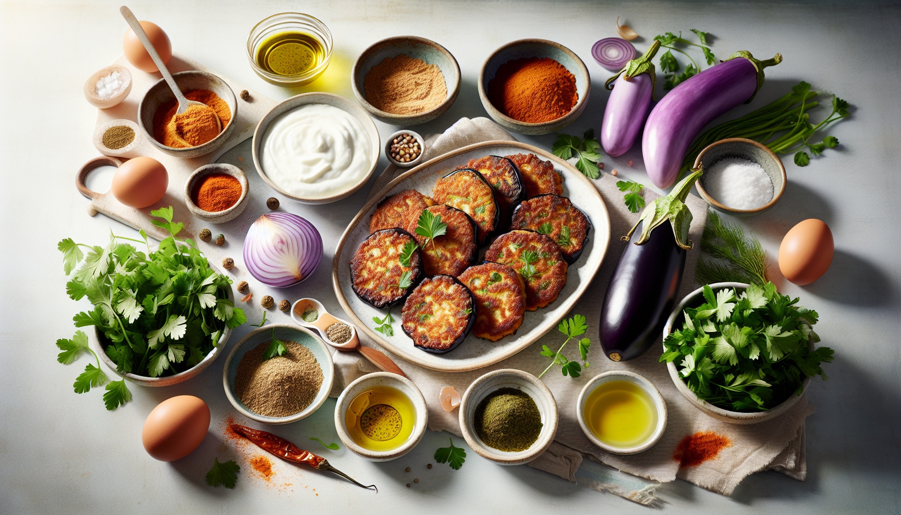 Crispy Eggplant Fritters with Harissa Yogurt and Fresh Herb Salad Recipe