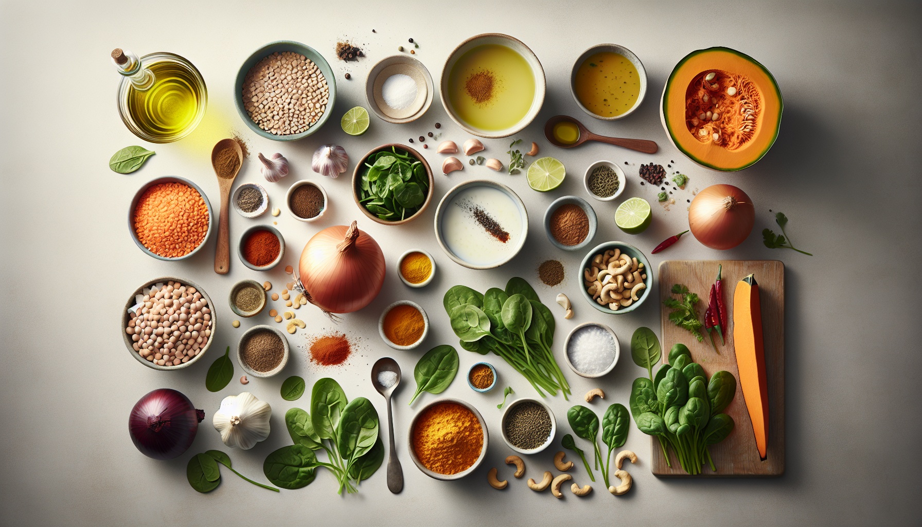 Spiced Pumpkin Lentil Curry with Coconut Spinach and Toasted Cashews Recipe