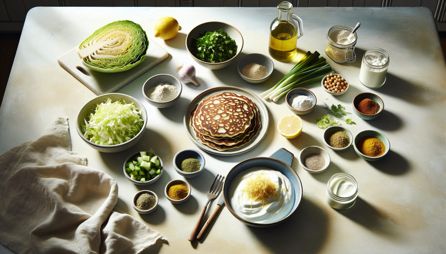 Spiced Cabbage Pancakes with Lemon Herb Yogurt and Crispy Chickpeas Recipe