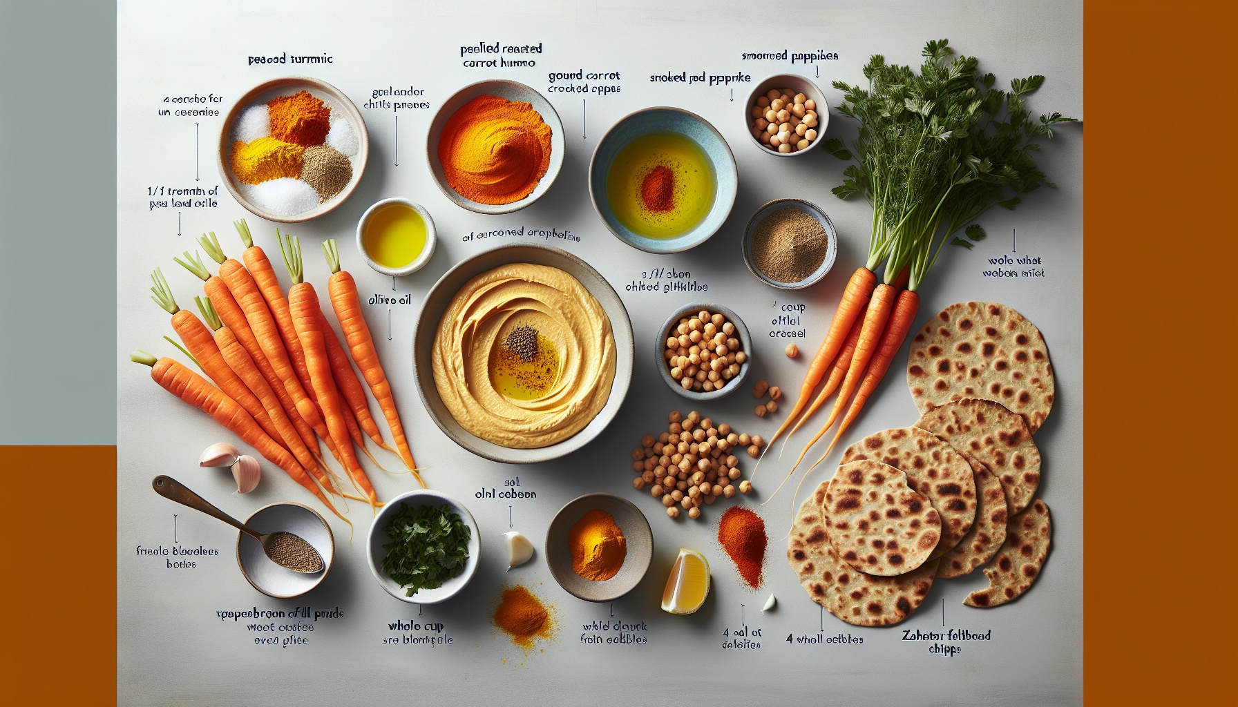 Turmeric Roasted Carrot Hummus with Zahtar Flatbread Chips Recipe