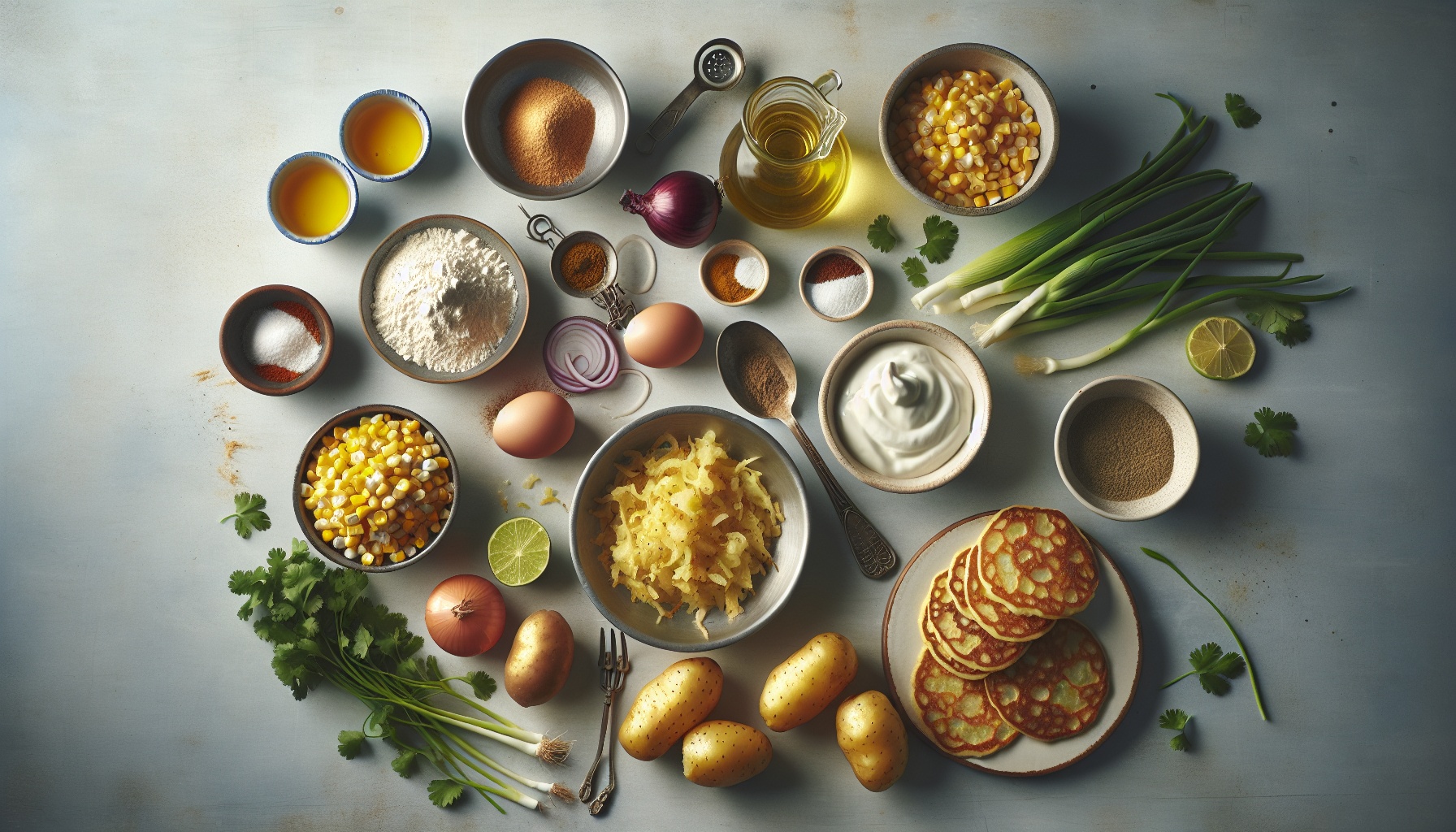 Crispy Potato Pancakes with Smoky Charred Corn Relish and Lime Crema Recipe