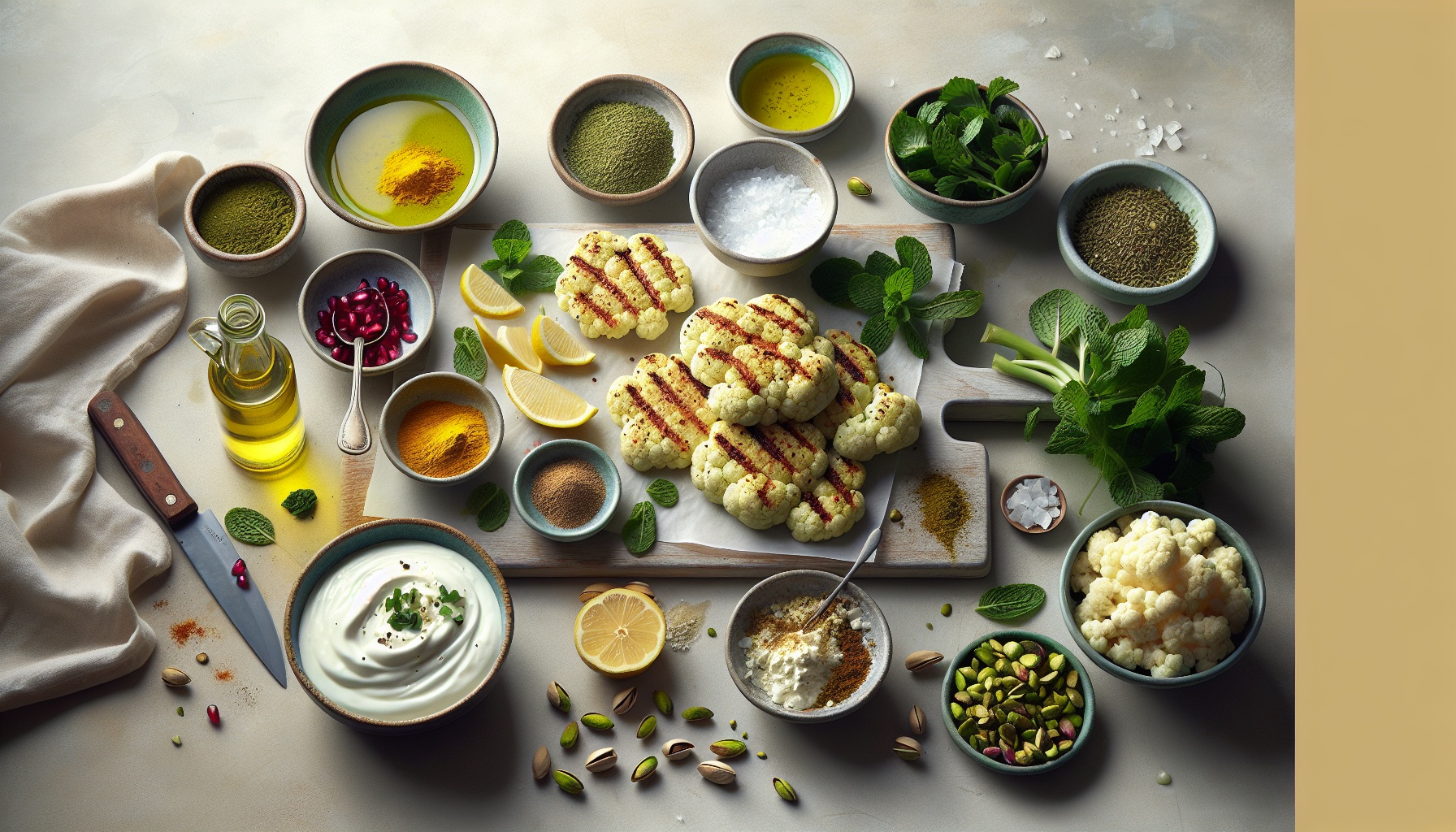 Golden Turmeric Spiced Cauliflower Steaks with Minted Pistachio Yogurt and Pomegranate Burst Recipe