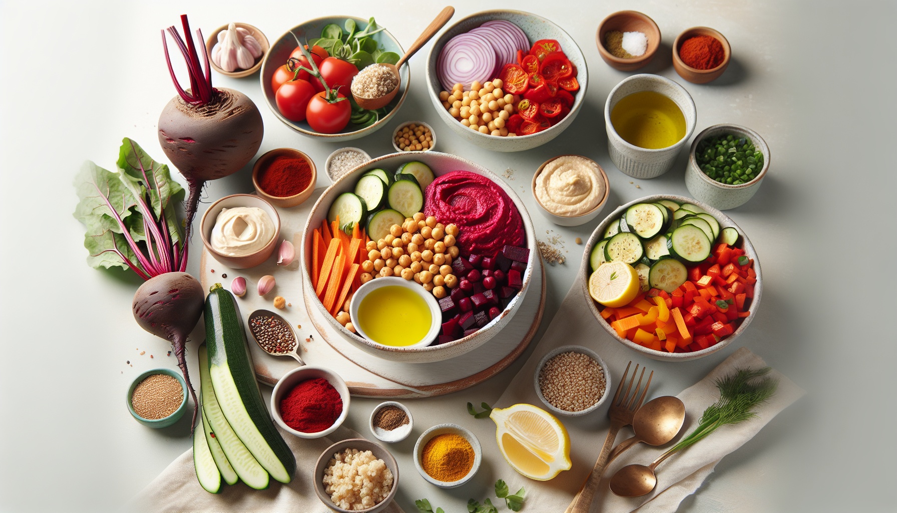 Vibrant Beet Hummus Bowl with Roasted Zaatar Vegetables and Lemon Dill Dressing Recipe