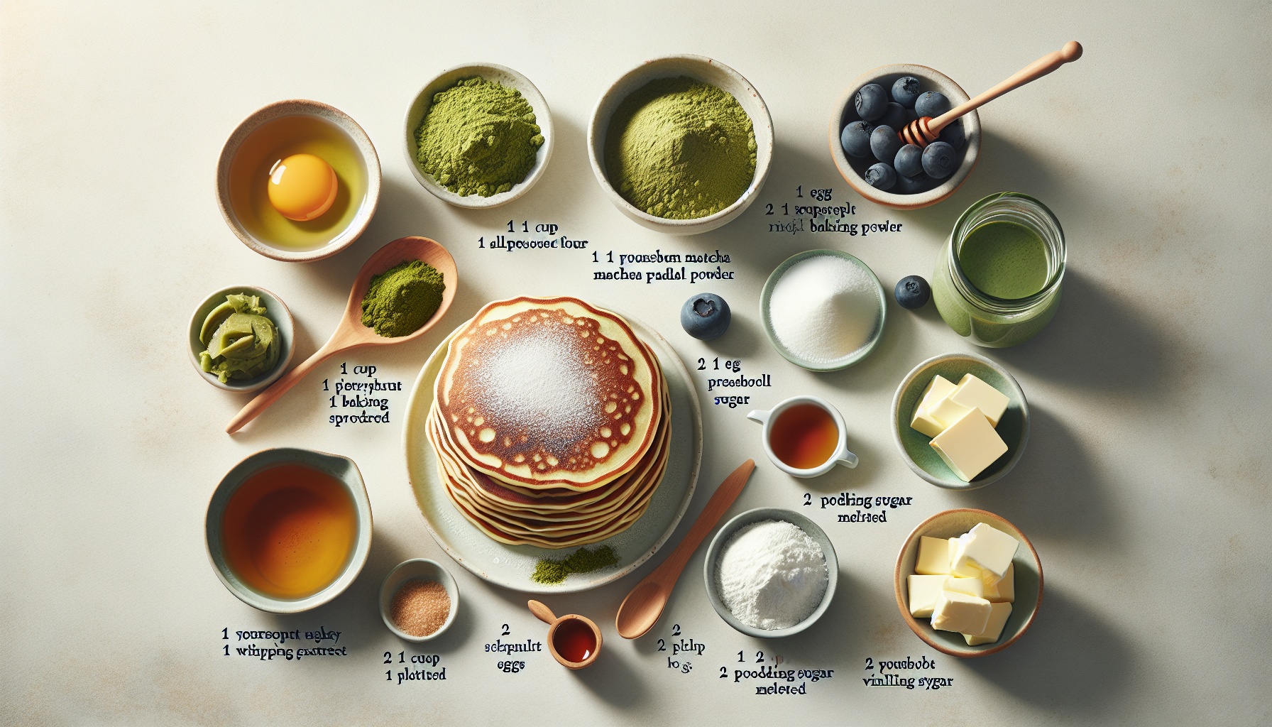 Fluffy Matcha Pancakes with Sweet Vanilla Cream Recipe