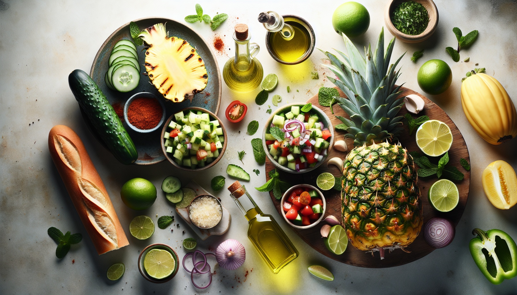 Grilled Pineapple Gazpacho With Cucumber Mint Salsa And Lime Toasts Recipe