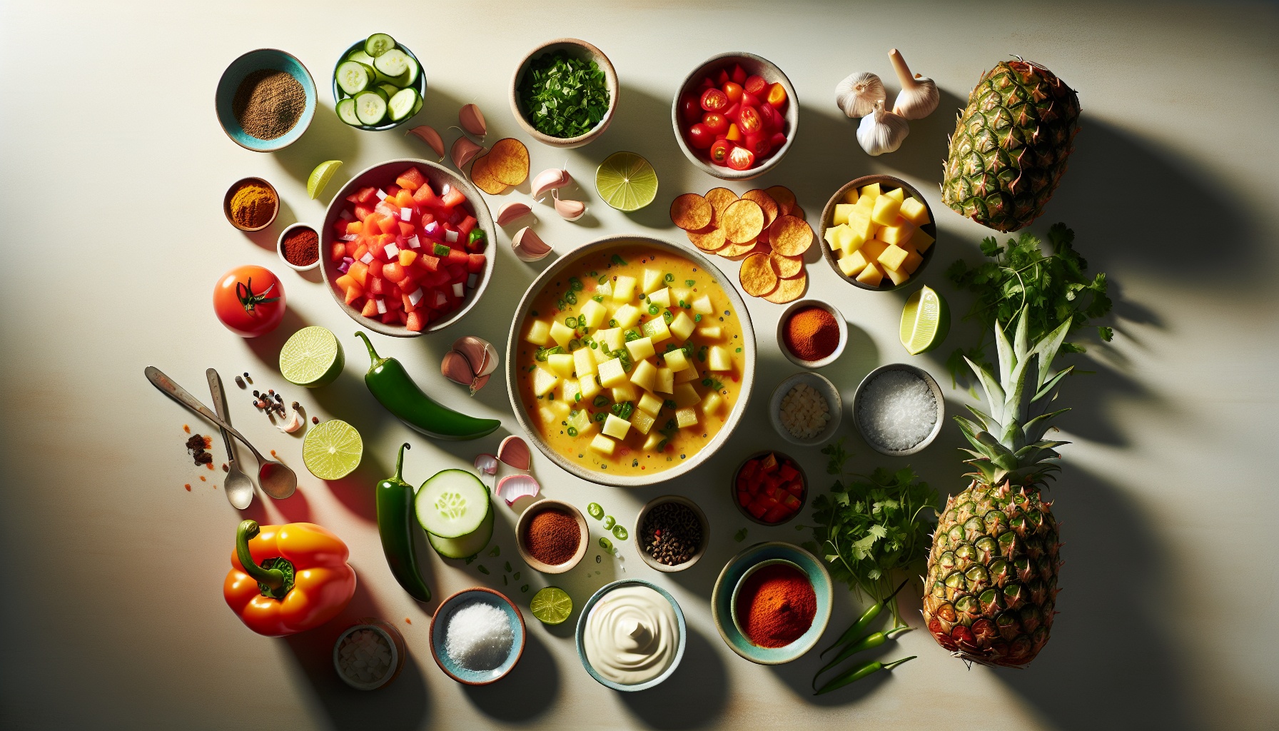 Spicy Pineapple Gazpacho With Cilantro Lime Swirl And Crunchy Plantain Crumbles Recipe
