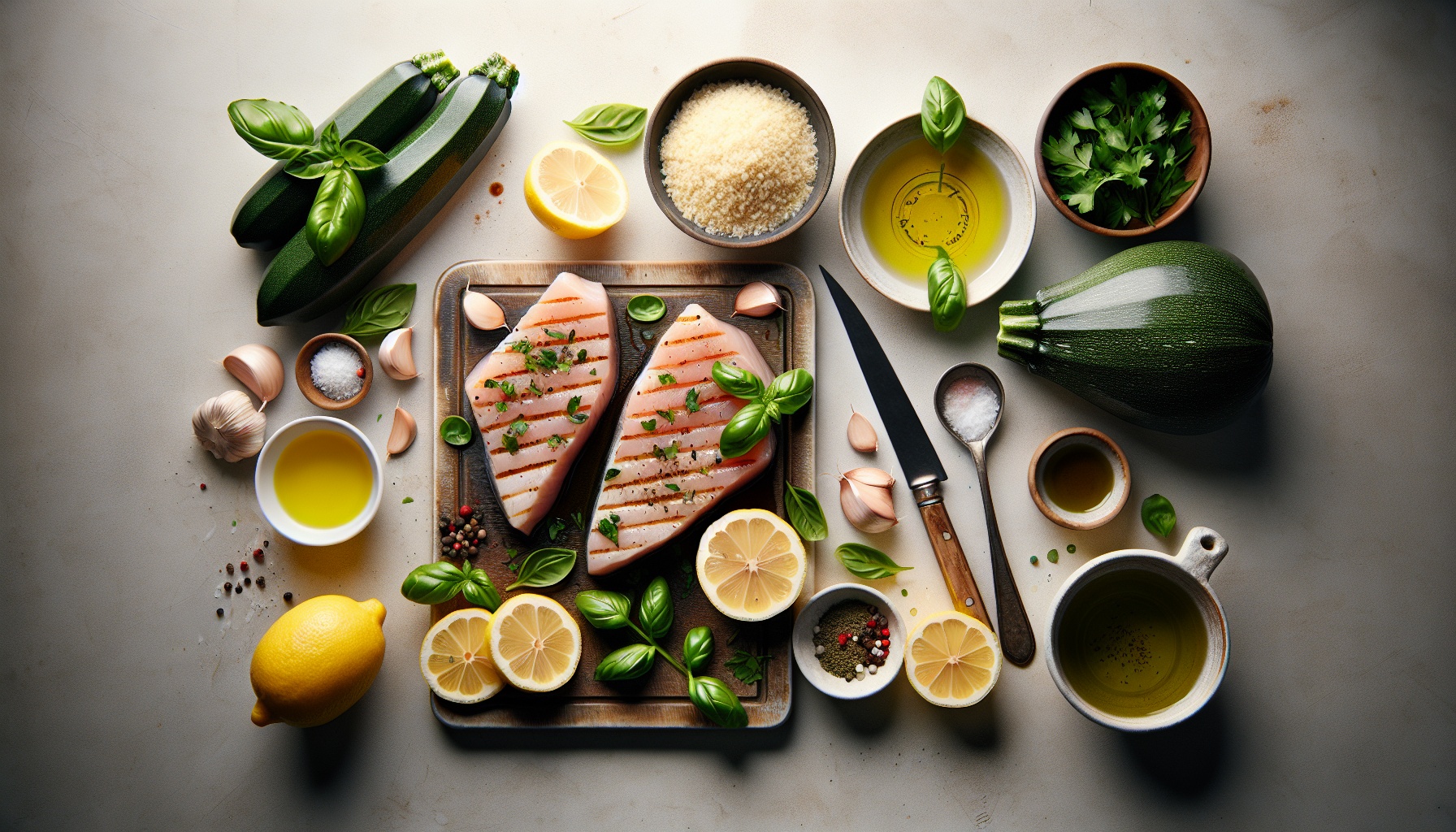 Grilled Lemon Basil Swordfish With Garlic Herb Couscous And Charred Zucchini Recipe