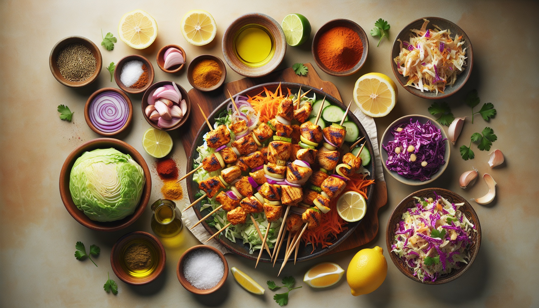 Grilled Lemon Turmeric Chicken Skewers With Spiced Coconut Cabbage Slaw Recipe