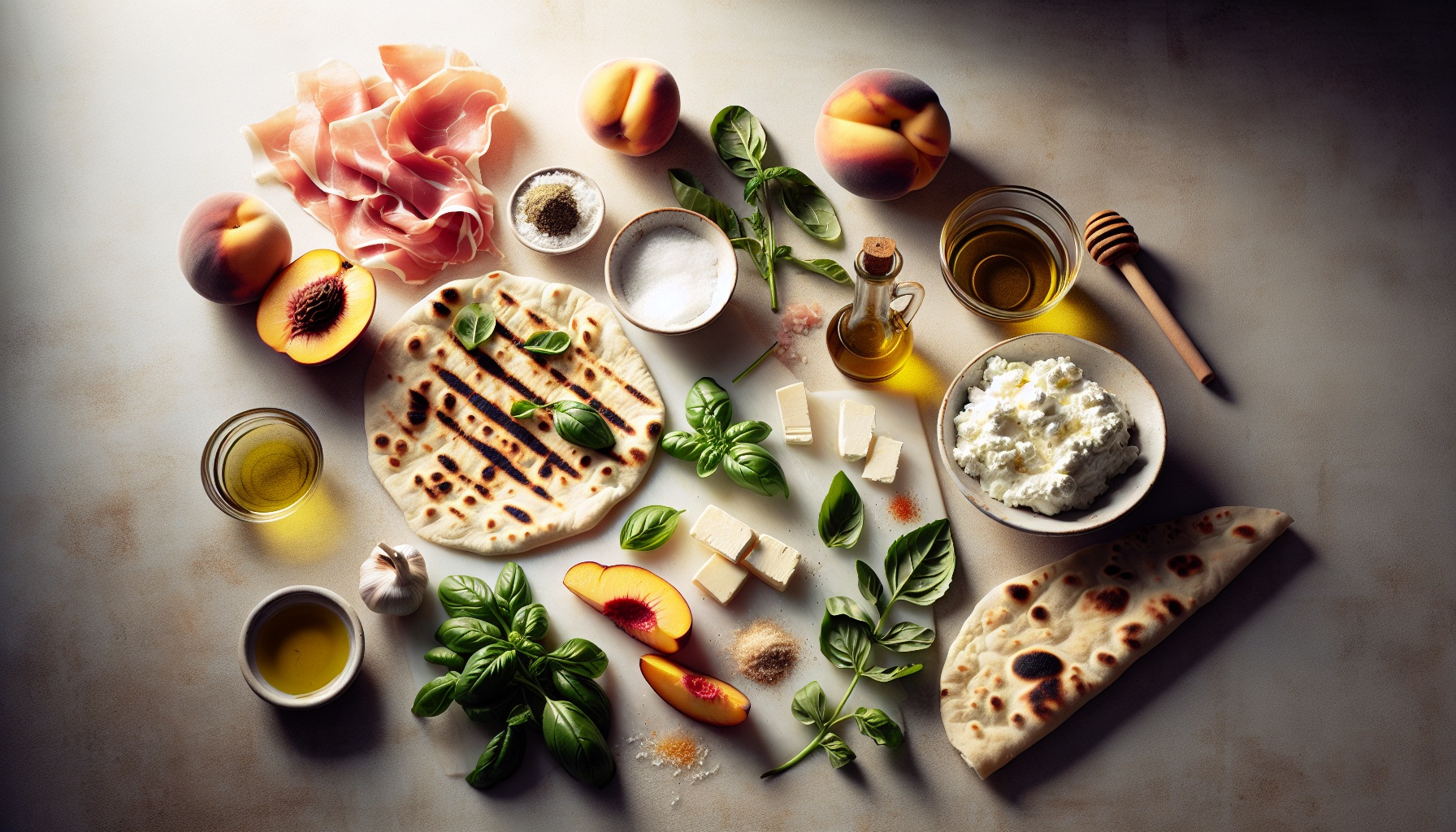 Grilled Peach And Basil Flatbread With Balsamic Honey Glaze And Crispy Prosciutto Recipe