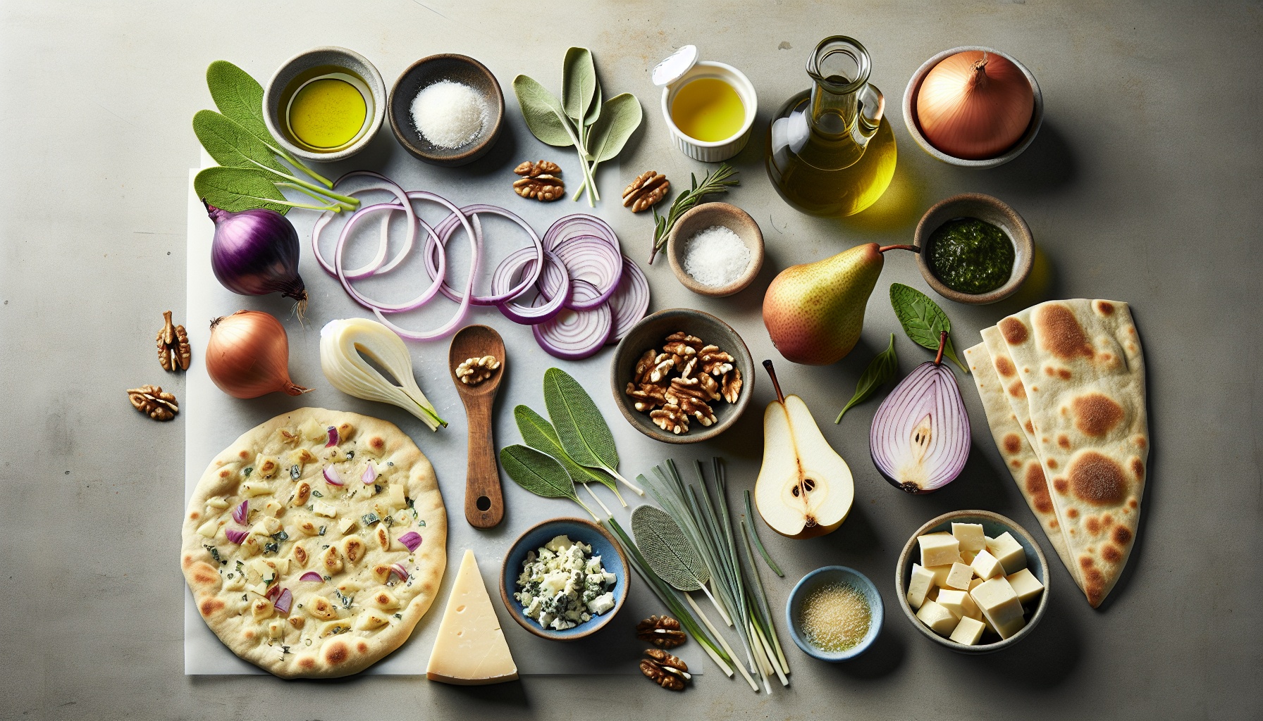 Caramelized Shallot And Pear Flatbread With Walnut Sage Pesto Recipe